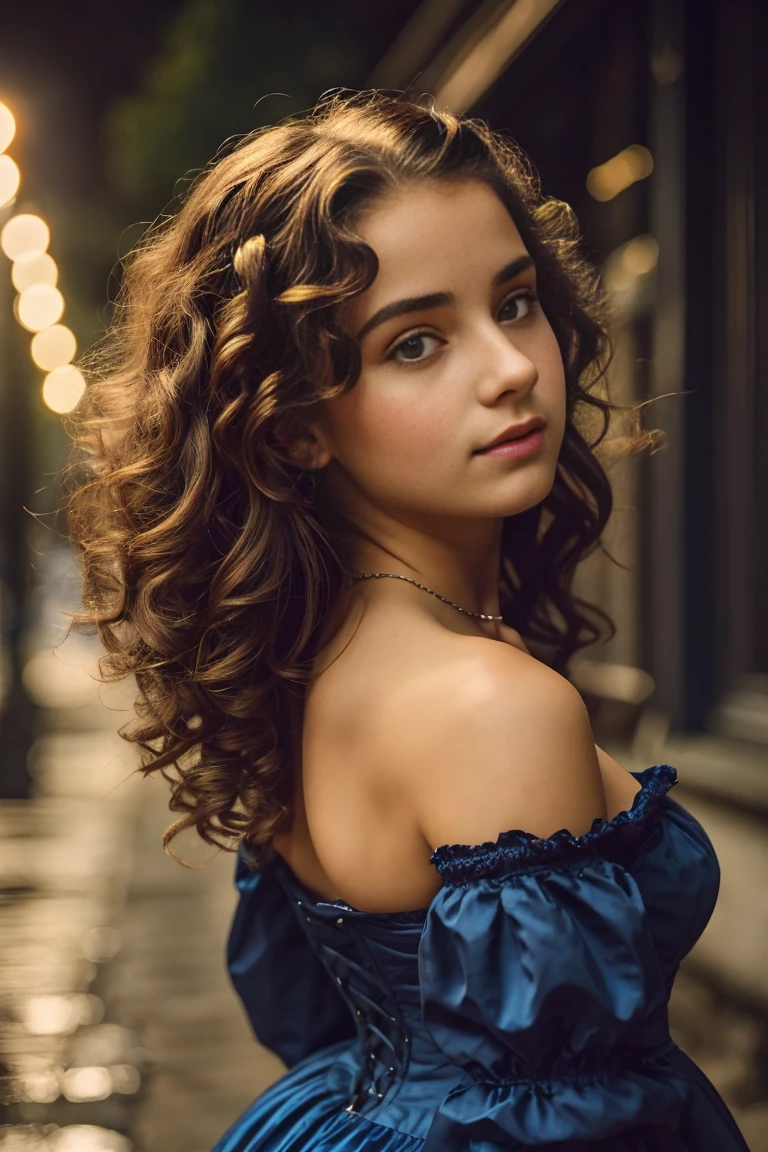 (a closeup of a beautiful 15 year old girl on a 19th century street in a vintage dress), (Serious:0.5), (Very detailed face:1.4), ass point of view, Nikon D850, film stock photography, 4 Kodak Portra 400, f1 camera.6 lenses, saturated colors, Hyper realistic, realistic texture, dramatic lighting, Cinestill 800, 19th century Victorian style, evening, vintage lighting, medium curly hair, sexy, Raining, humidity