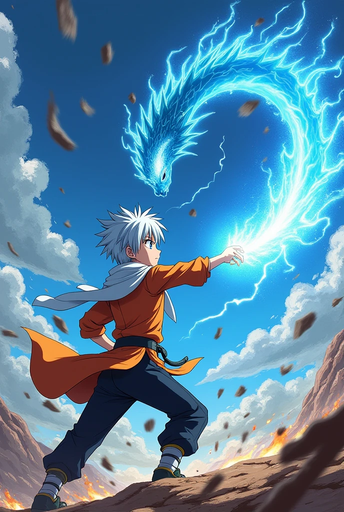 1 boy, teenager, short white hair and blue eyes solo, boy, orange and black outfit, fairy tail anime style art, epic fight scene, preparing a blue flame attack involving the boy, epic battle, going into battle, background fighting battle with a flying blue dragon