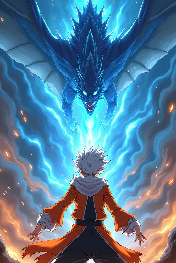 1 boy, teenager, short white hair and blue eyes solo, boy, orange and black outfit, fairy tail anime style art, epic fight scene, preparing a blue flame attack involving the boy, epic battle, going into battle, background fighting battle with a flying blue dragon