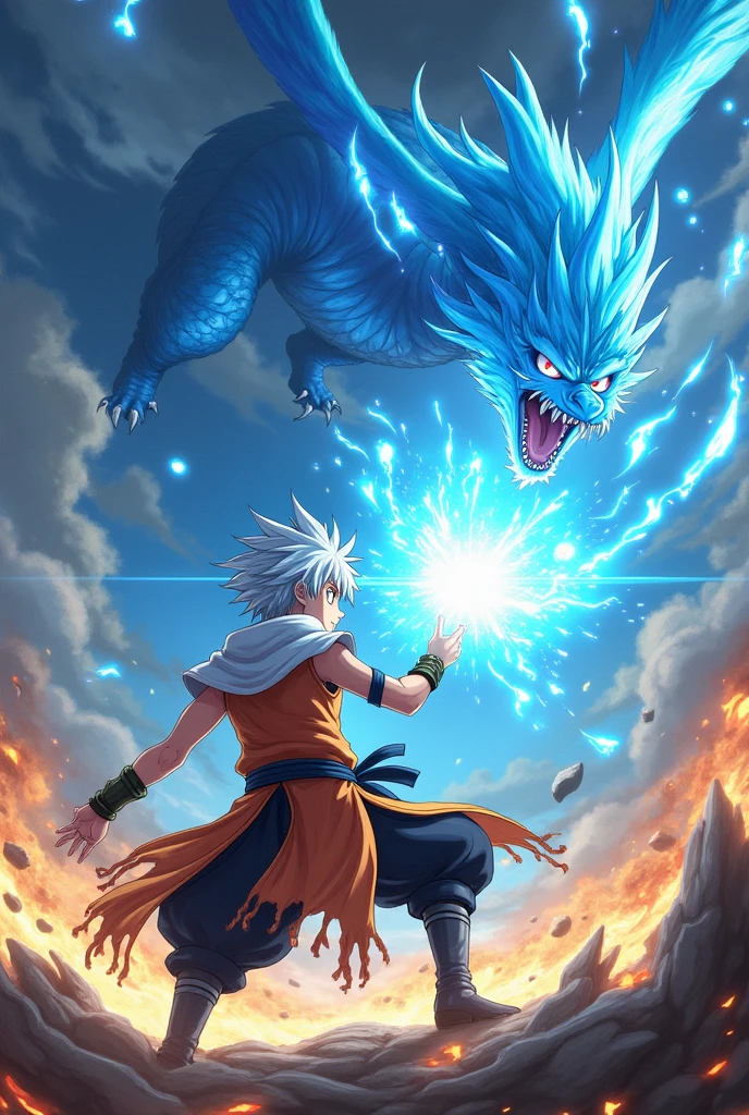 1 boy, teenager, short white hair and blue eyes solo, boy, orange and black outfit, fairy tail anime style art, epic fight scene, preparing a blue flame attack involving the boy, epic battle, going into battle, background fighting battle with a flying blue dragon