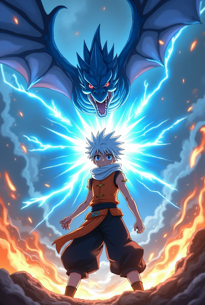 1 boy, , short white hair and blue eyes solo, boy, orange and black outfit, fairy tail anime style art, epic fight scene, preparing a blue flame attack involving the boy, epic battle, going into battle, background fighting battle with a flying blue dragon