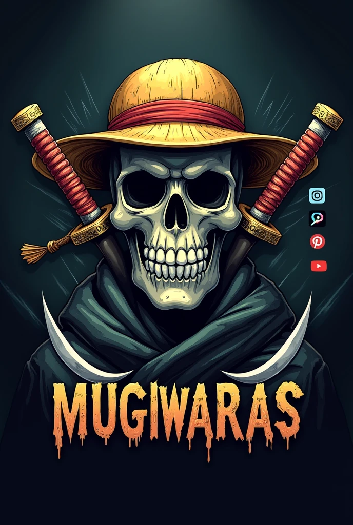 A realistic scary skull with Luffy's straw hat, Zoro's katanas crossing through the skull, skull with jaw and written MUGIWARAS below, Instagram, TikTok, and YouTube logos on the sides, small gaming logo without the orange logo and Zoro's katanas from where piece text MUGIWARAS written to remind you of One Piece, the logos updated please the skull a little smaller