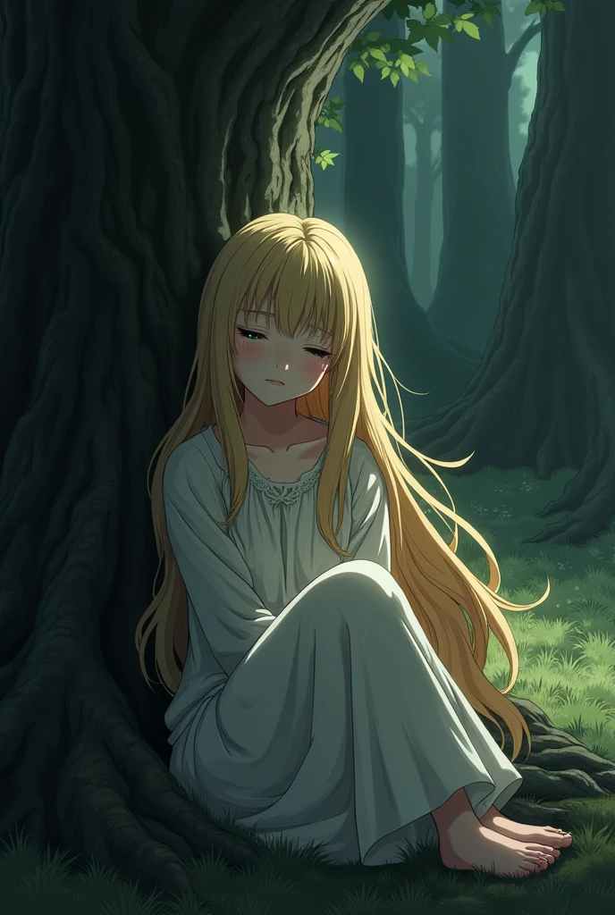 As she fades away, Celeste whispers a final message, her voice filled with sorrow and hope.. make her young and anime art style and her hair color should be blond and the background should be just tree and not flowers and make the theme dark and tense make her simple and use anime art style and this time make her sleeping while sitting on a tree and while sleeping she's crying and make the anime art style
.