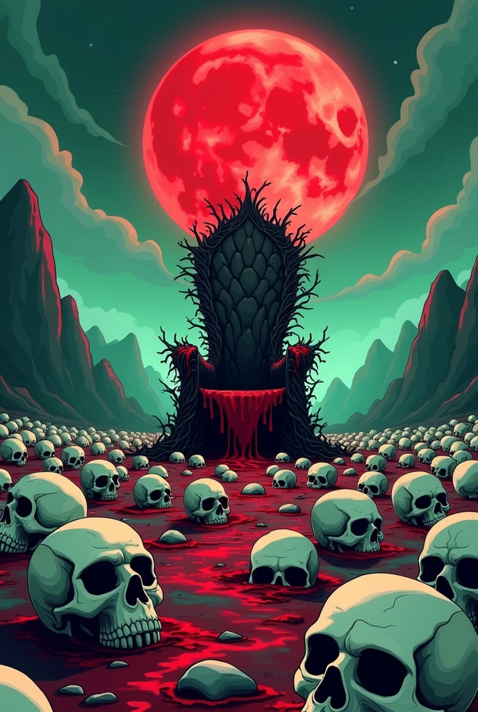 A very big land with with greenish sky and red moon and with thousands of skull on it and a bloody throne made of thorns with blood on it standing on that land, scary in landscape format animated cartoon style