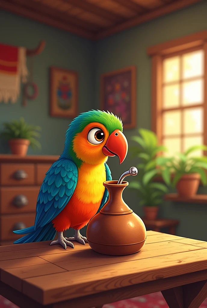 Your bird (animal from Tucumán) drinking mate in a gourd and bombilla, in a house, sitting at a table I want the image to be a cartoon same image, but looking forward
