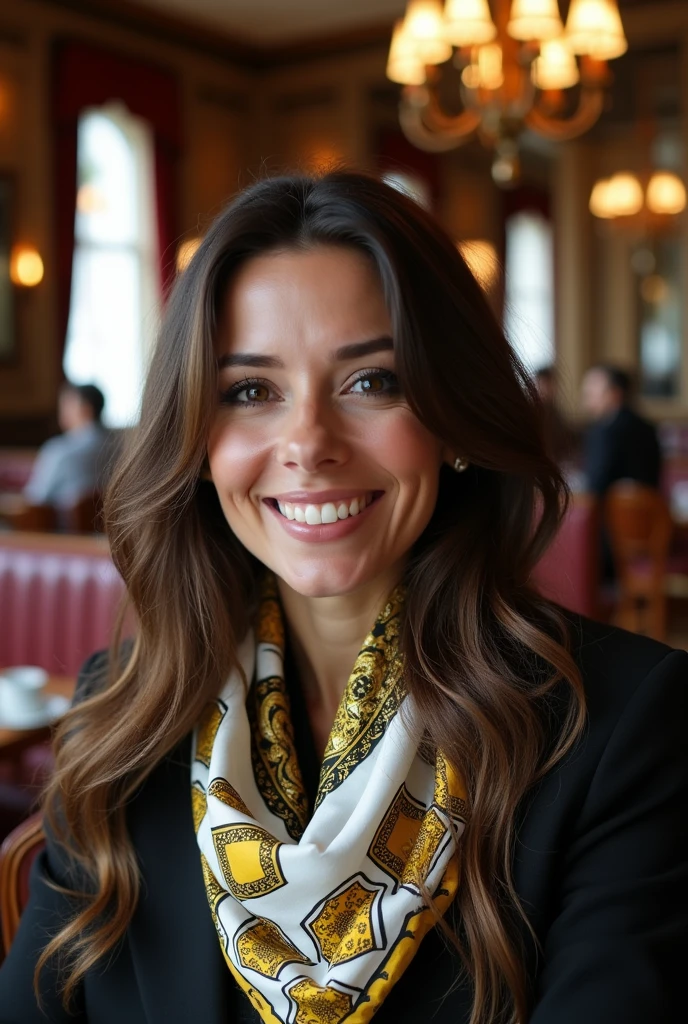 (photorealism:1.2), very pretty, exciting and stylish 42-years-old smiling lady in shiny blouse with long brown hair, brown eyes, smokey-eyes-make-up, wearing a very expensive elegant shiny white yellow black square pure satin silk scarf form Versace, sitting in a typical coffeehouse in Vienna.