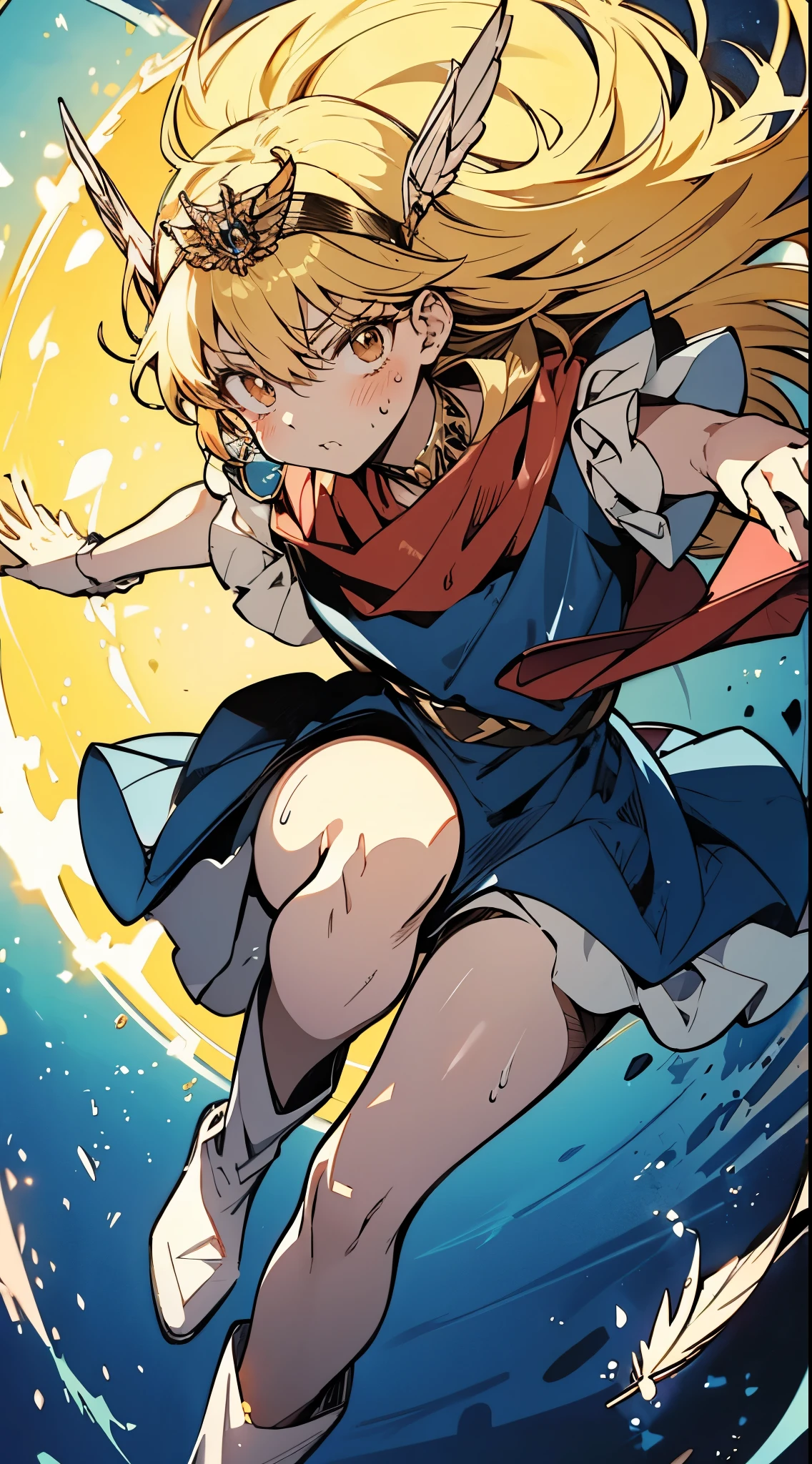 Mature adult woman,{{from below:1.4}}, foot focus, Dynamic composition,{{fight}} ,{{action}},full body , (Realistic, photo ), (reality: 1.4),{{masterpiece}}, {{{best quality}}},{{ultra-detailed}}, {{illustration}}(Beautiful and fine eyes)、slanted bangs、perfect cosplay,,1 girl,alone,magical princess,blonde hair,blue clothes,Blue flared mini skirt,brown eyes,feather hair band,long hair,pauldron,boots,red scarf,tiara,white shoes,{{Grit your teeth:1.4}},,{{v-shaped eyebrows}},Bad mood,blush,Sweat,raise one's eyebrows