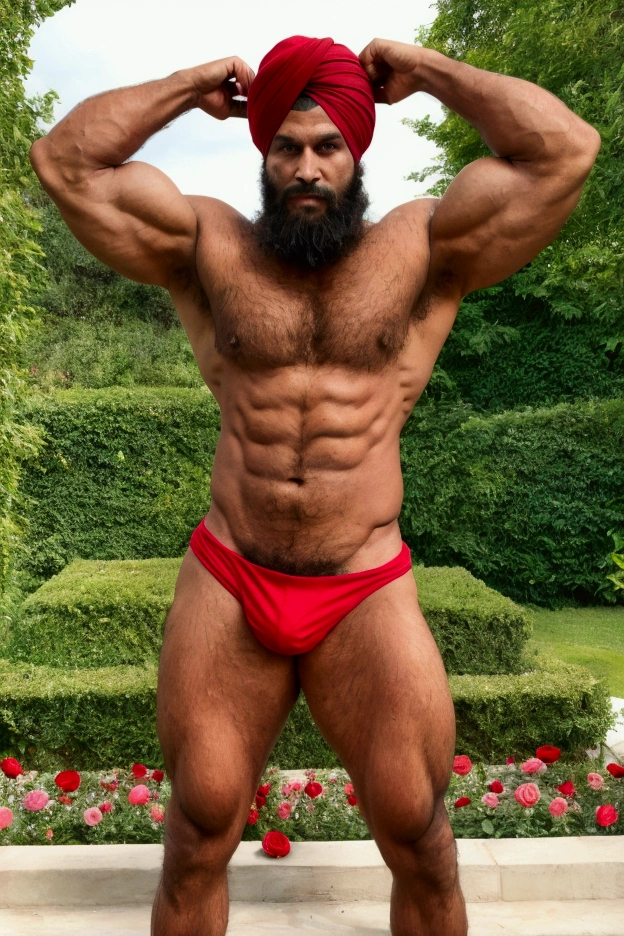 a handsome giant muscle man short beard wearing a red turban shirtless with a red speedo flexing his arms at the roses garden