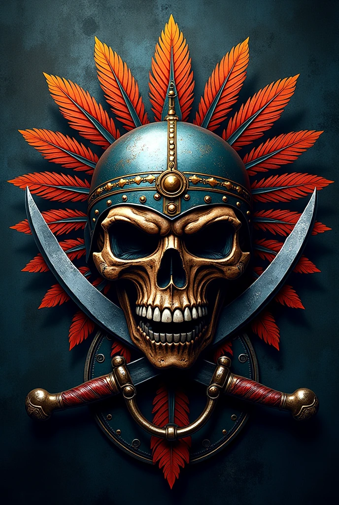 insane mc logo, the skull with details of the Mayan and Aztec culture, Iron Helm, With swords,