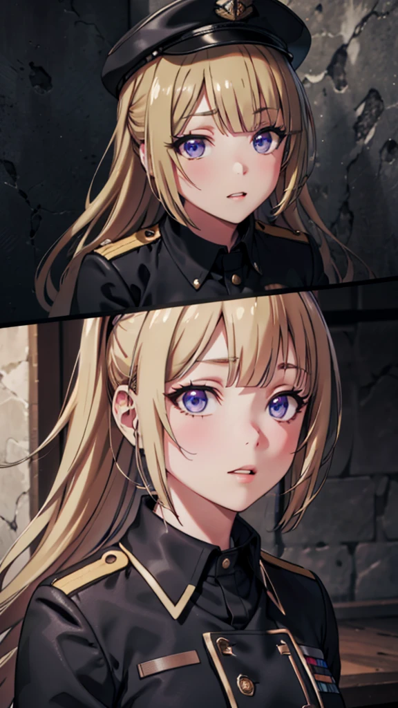 (masterpiece, best quality, absurdres), high quality, highres, ultra detailed, intricate, cinematic lighting, wallpaper, soft lighting, full shot, looking at viewer, parted lips, 1 girl, kei Karuizawa, blonde hair, bangs, long ponytail , detailed violet eyes, ((Super Realistic Detailed Eyes, glowing eyes)), black military uniform, military uniform, black military hat, black hat, one hand holding a hat, military coat, military achievement