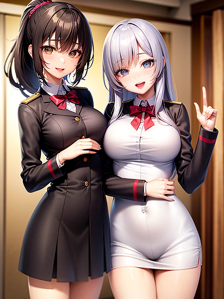 black eyes, 1 woman, (female)), One, Наstandingщий, top quality, photoНаstandingщийistic, masterpiece, 8 K, HDTV, One, HDTV face, soft lighting, bedroom, ((daytime)), sky, (looking at the camera), (portrait: 0.6), whole body, (medium hair), Ponytail, Brown hair, floating hair, lips, lipstick, seductive smile, floating hair, smile, open mouth, teeth, eyelashes, Nogizaka 46, Moéka Tada, Akari Suda, Idol, beautiful girl, ((uniform)), (((standing)), Fitted, brassiere