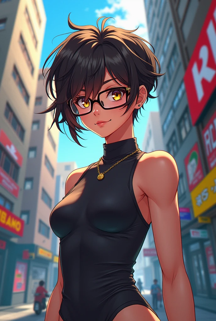 Anime girl with curly boy cut hair and buff body muscle wearing glasses. She's white and asian.