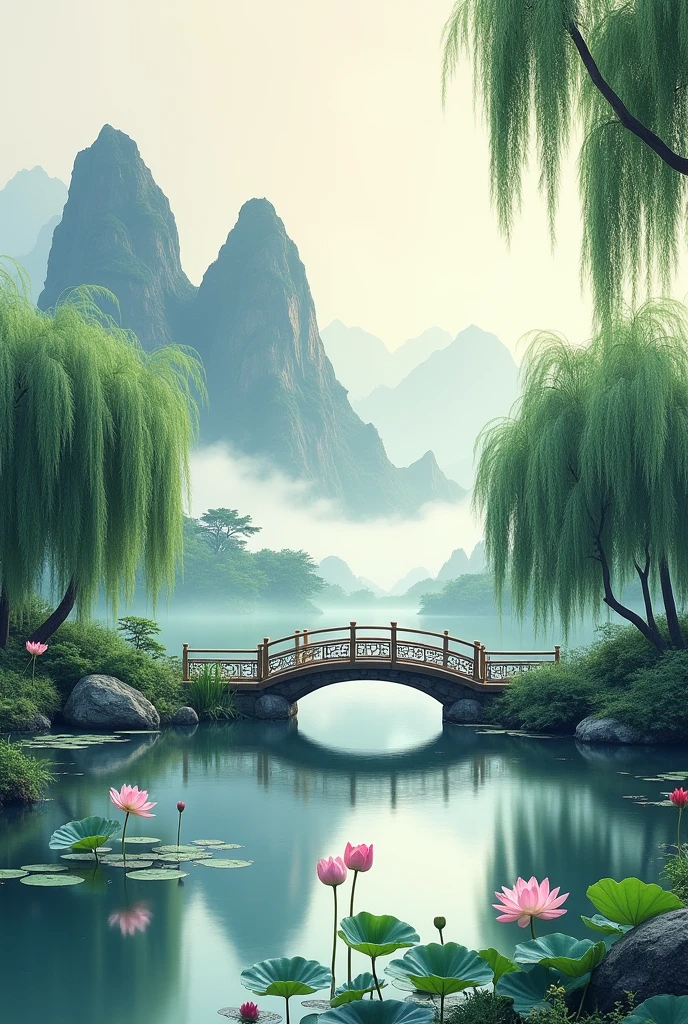 A drawing of a chinese background with a small pond