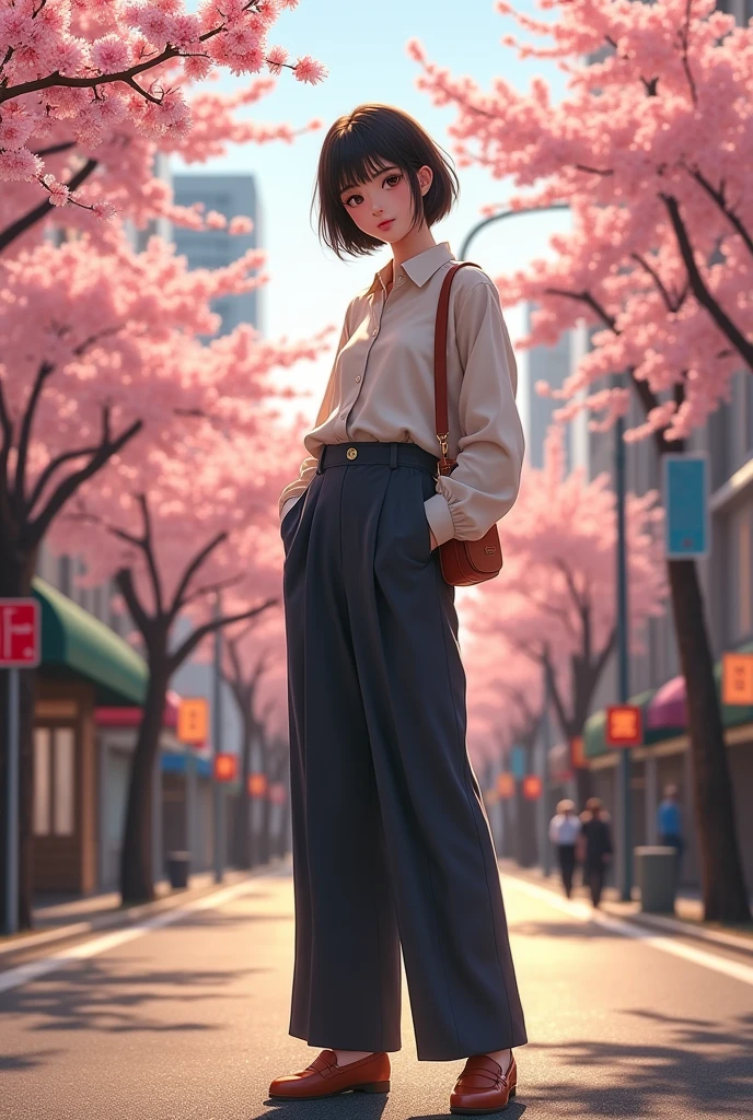 Create a picture of a woman. Characteristics: Japanese, 170cm tall, long face, round nose, thin eyes, droopy eyes, double eyelids, boyish short hair, black hair, shoe size 26.5cm Age is 36.
Depict the whole body in a realistic style.。