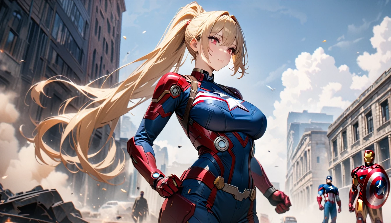 Young Woman, Long golden hair, High Ponytail, Red eyes, captain America, masterpiece, Highest quality, Full HD, 8k, Super detailed, Great graphics、Beautiful breasts、Big Breasts、Cowboy Shot、Iron Man in the background