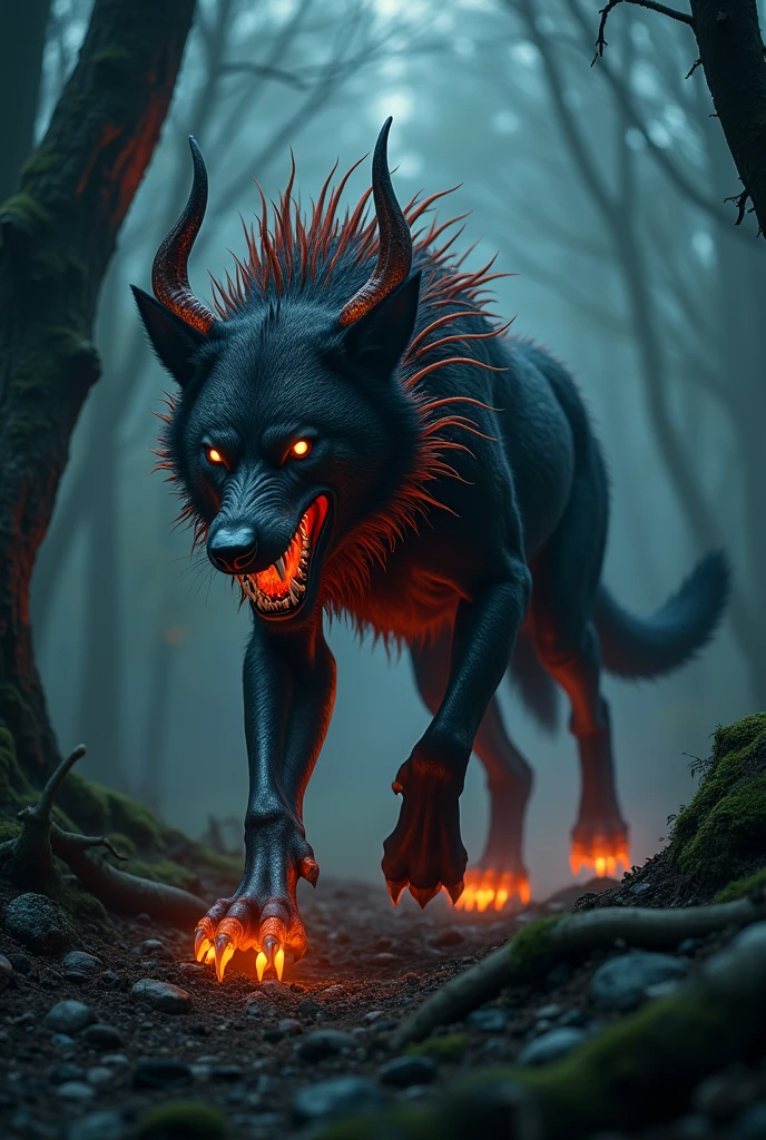 Wolf-like creature with powerful jaws and claws, exuding orange bioluminescent poison. Horns growing from thier back and strong claws.
