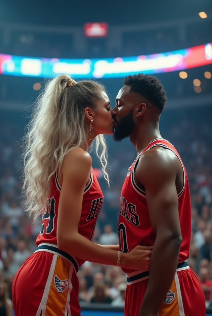 A beautiful youthful looking 
 American version of Ariana Grande as a 50 years old woman with very long hair completely gray hair in a long big curls styles as a retired
NBA player wearing her old NBA jersey in a nba stadium she is kissing a younger male basketball player in their 20s