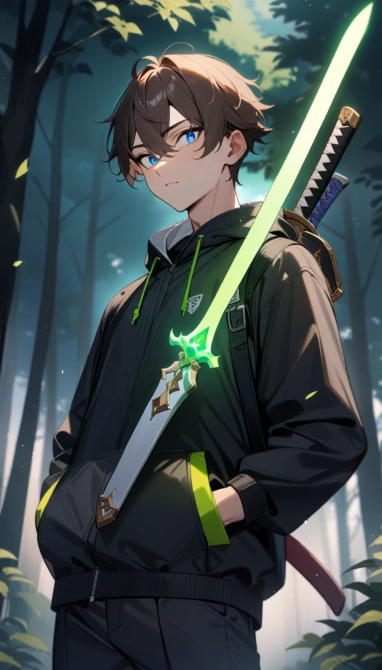 1boy, male focus, blue eyes,brown hair,18 years old,japanes cherry forest,1 sword,green fire glowing sword on back,perfect sword,Hand in pocket,cool,perfect eyes,masterpiece,very aesthetic,newest,sensitive