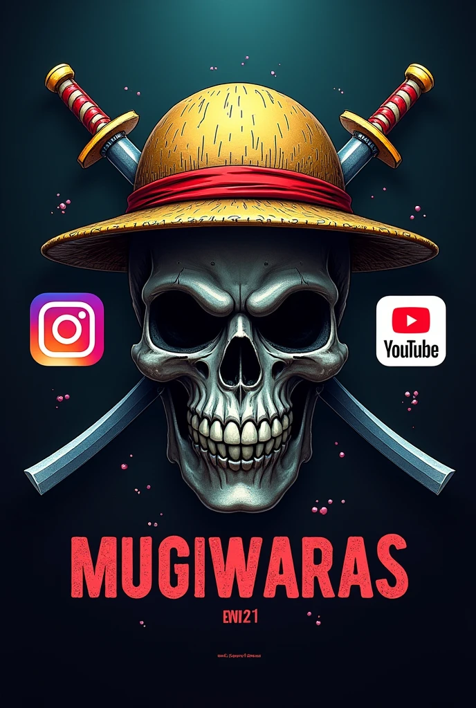 A scary realistic skull with Luffy&#39;s straw hat, Zoro&#39;s katanas stuck in the skull, skull with jaw and MUGIWARAS written below, Instagram logos, Tik Tok and YouTube on the sides, small gaming logo without this orange logo and Zoro&#39;s katanas, where is the text MUGIWARAS written that reminds one piece, the updated logos, please, the skull is a little smaller, take off that cape and those sickles 