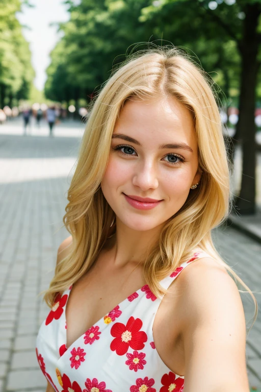 Blonde girl, photorealistic, selfie from the Front camera, social media Photo, flower dress, in the polish city, natural pose,