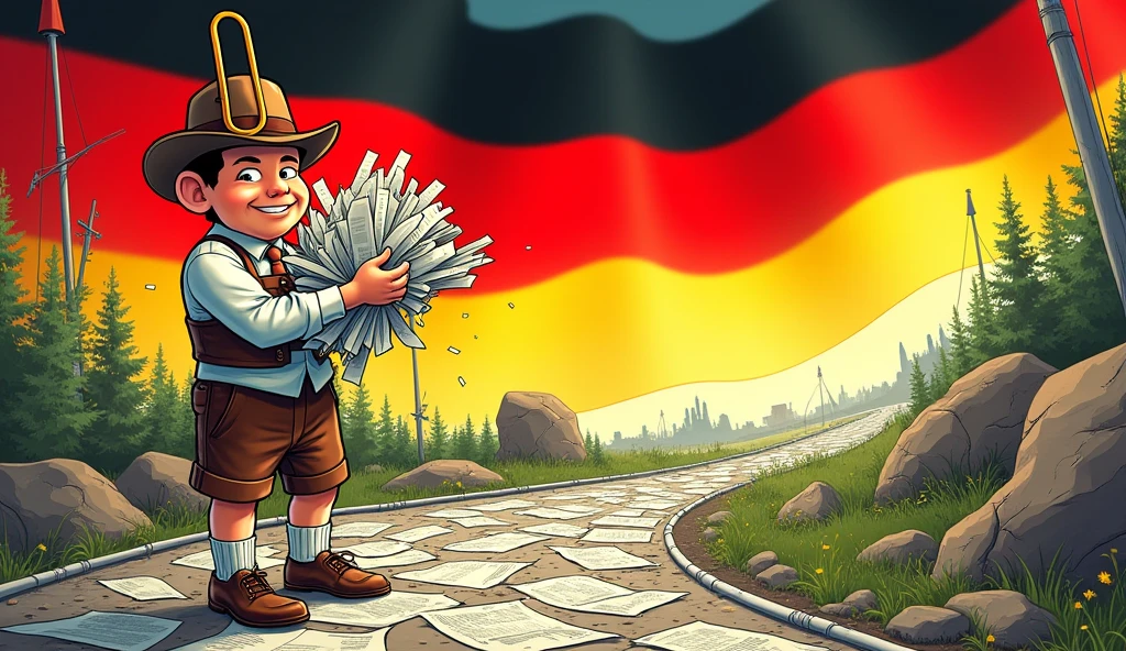 Create a funny book cover about bureaucracy in Germany, featuring the German flag.