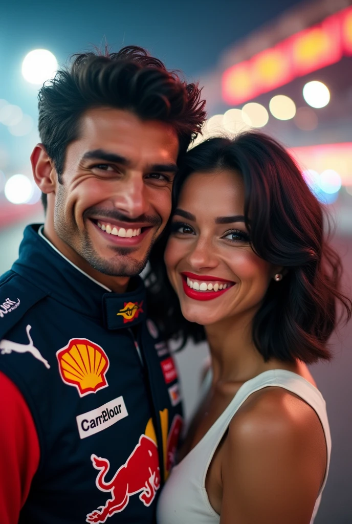 Create an image where Carlos Sainz Jr is. Along with a white woman with short black hair, rolled lips, round face, Red cheeks, dark brown eyes, A little chubby, Muslona