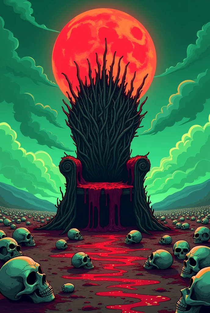 A very big land with with greenish sky and red moon and with thousands of  skull on it and a bloody throne made of thorns with blood on it standing on that land, scary in landscape format animated cartoon style dark