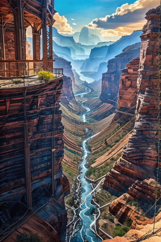 Create an image that illustrates solid mechanics in an impressive natural setting. Imagine a majestic suspension bridge, stretching over a deep canyon, with imposing mountains in the background. The structure of the bridge, with its steel cables and metal beams, should be detailed, highlighting the complexity and strength of the materials. The canyon, with its rugged rocks and lush vegetation, represents raw nature and the resistance of geological materials. A luz do sol, falling on the bridge and the canyon, creates a dramatic contrast of light and shadow, emphasizing the solidity of the structure and the grandeur of the landscape. The final image should convey the beauty and complexity of solid mechanics, demonstrating how engineering and nature intertwine in a functional and aesthetically impressive work of art.