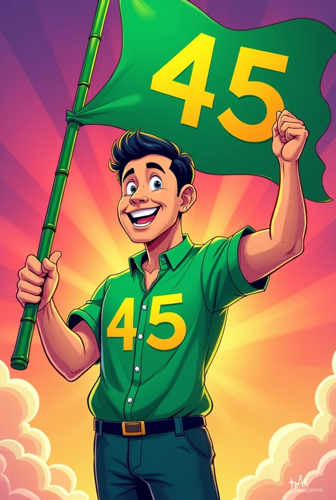 Cartoon drawing of a politician holding a green flag with the number 45 on one hand, wearing a green shirt with the number 45 and holding a green bamboo stick in the other hand. The background of the image is the color of Instagram. 