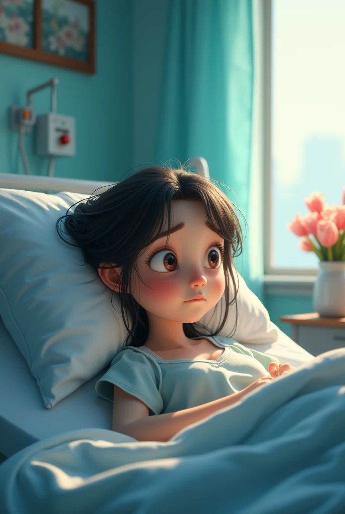 A sad sick young woman at hospital, pixar style, cinematic, masterpiece, high-aesthetic, realistic