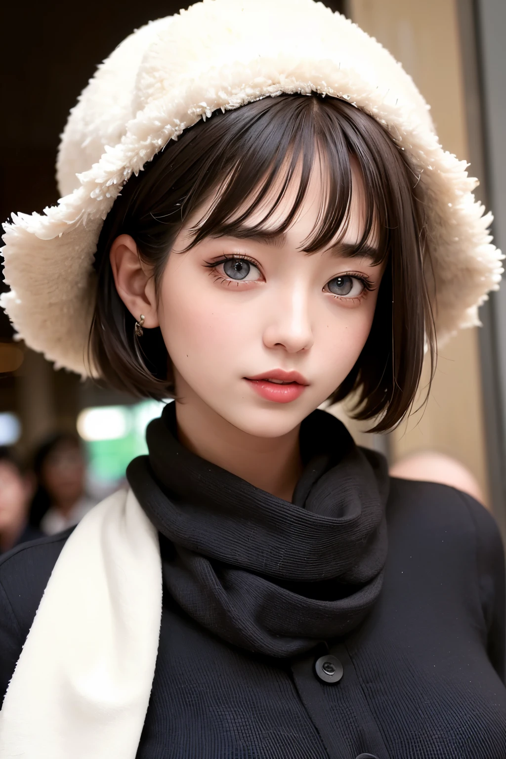 (masterpiece, Highest quality、Very attractive adult beauty、Add strong highlights to the eyes、Please look closely at the camera),One Girl, solo, Black-haired, scarf, hat,, Realisticな, Looking at the audience, Light-coloured black eyes, short hair, coat, Winter clothes, White headscarf, のlips, Lip gloss,Bans, Upper body、Big eyes、Eyelashes)、((Italian road system))、((前髪ありshort hair、Big eyes、Give students a very strong highlight、Very large breasts、Staring at the audience、Very beautiful beauty、Listen carefully、Long neck、Smile a little、Beautiful Teeth、Open your mouth and laugh))、28 years old、Very cute supermodel、(masterpiece, Highest quality、Very attractive adult beauty、Add strong highlights to the eyes、Look closely at the camera),one person's, alone, Black-haired, scarf, Have,, Realistic, Looking at the audience, Light-coloured black eyes, short hair, coat, Winter clothes, White headscarf, lips, Lip gloss,prohibit, Upper Body、Big eyes、eyelash)、((Italian road system))、((前髪ありshort hair、Big eyes、Give students a very strong highlight、Very large breasts、Gazing at the audience、Very beautiful beauty、Listen carefully、Long neck、Laugh a little、Beautiful Teeth、Laughing with your mouth open))、28 years old、Very cute supermodel