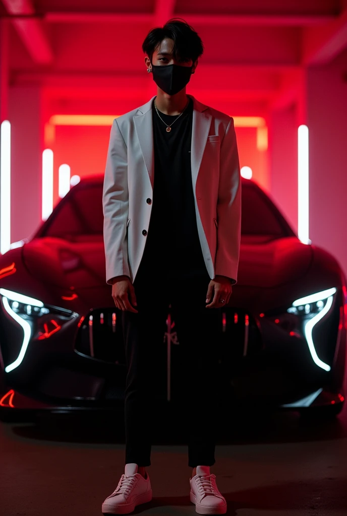 19 year old Yang boy with black penshirt and white showes and white jacket and black class and back red light with back black car and face mask hide