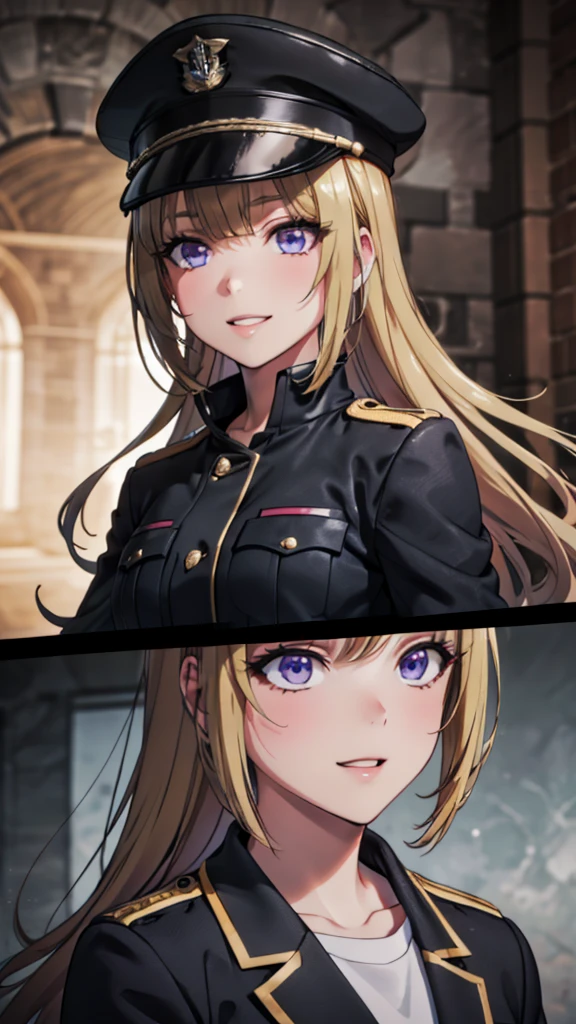 (masterpiece, best quality, absurdres), high quality, highres, ultra detailed, intricate, cinematic lighting, wallpaper, soft lighting, full shot, looking at viewer, parted lips, 1 girl, kei Karuizawa, blonde hair, bangs, long ponytail , detailed violet eyes, ((Super Realistic Detailed Eyes, glowing eyes)), black military uniform, military uniform, black military hat, black hat, one hand holding a hat, military coat, military achievement, smile, large smile 