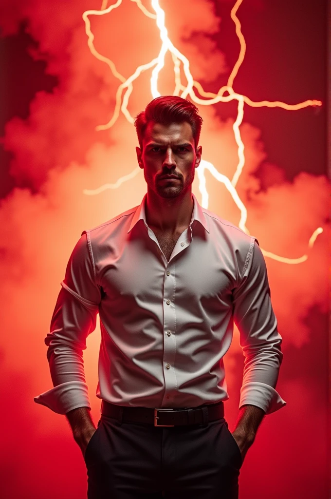White shirt, red lightning explosion background 