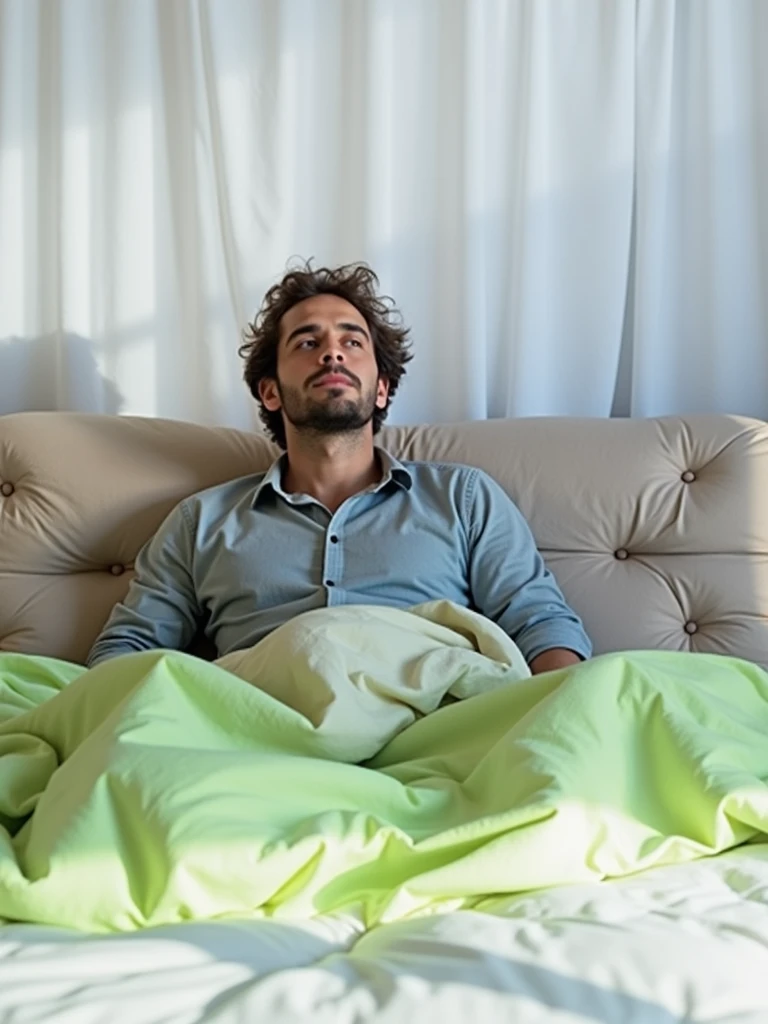 A man Sitting on bed, realistic, studio photo, high resolution