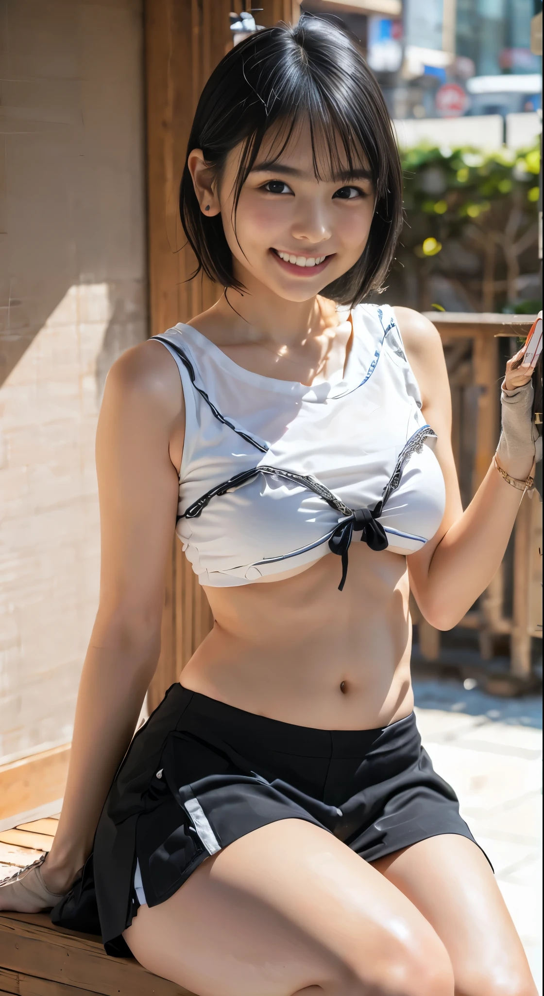 (8k、Raw photography、Highest quality、masterpiece:1.2),(Black Hair、Dark Eyes:1.9),(:1.6)、View your audience,Front view,White skin,(:1.4)、(Tight waist:1.6)、(Clothes that accentuate the shape of the breasts:1.0)、(Big Breasts :1.3)、Slim figure、Ultra-high resolution,beautiful,beautiful fece,(1 person、No background:1.9),whole bodyボディー,Japanese women,(reality的:1.37)、Photon Mapping,reality、(-faced and cute: 1.2)、(Cute Smile: 1.8)、(Round face: 1.8)、Radio City、Physically Based Rendering、Depth of field rally background、photograph, (I can see your knees、Thigh close-up:1.8),(:1.6),whole body、Great quality