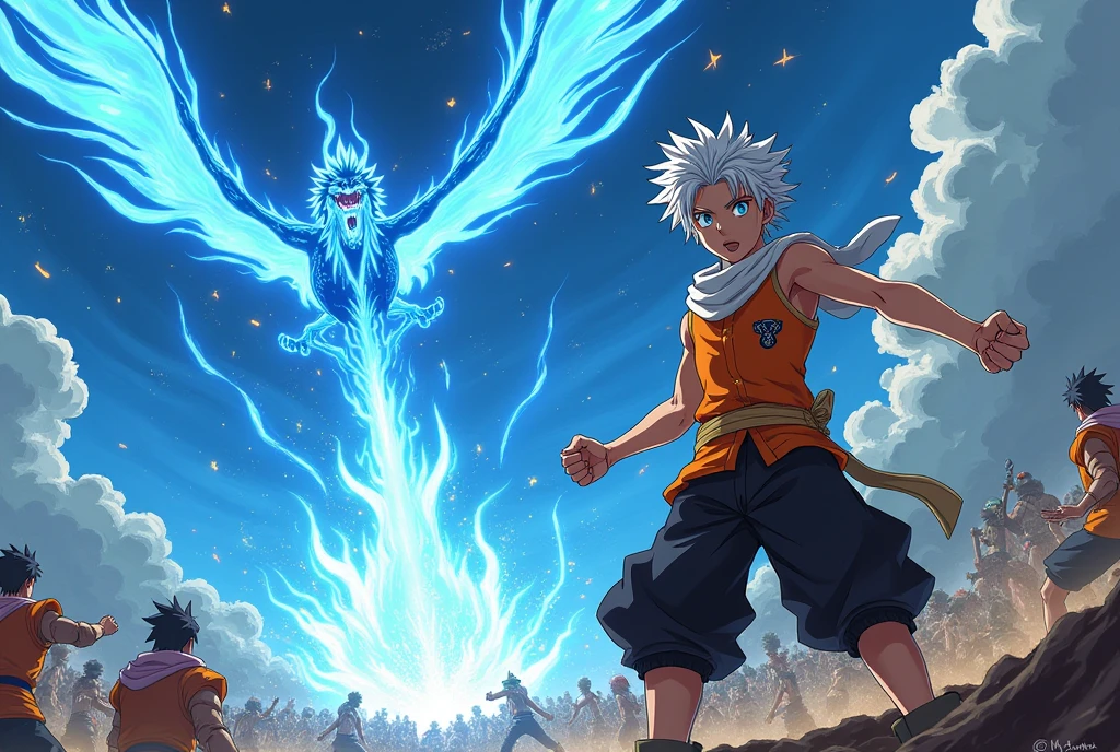 1 boy, teenager, short white hair and blue eyes solo, boy, orange and black outfit, fairy tail anime style art, epic fight scene, preparing a blue flame attack involving the boy, epic battle, going into battle, background fighting battle with a flying blue dragon