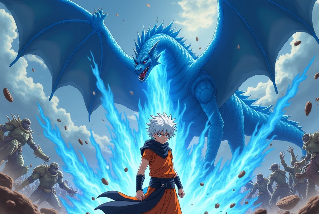 1 boy, teenager, short white hair and blue eyes solo, boy, orange and black outfit, fairy tail anime style art, epic fight scene, preparing a blue flame attack involving the boy, epic battle, going into battle, background fighting battle with a flying blue dragon