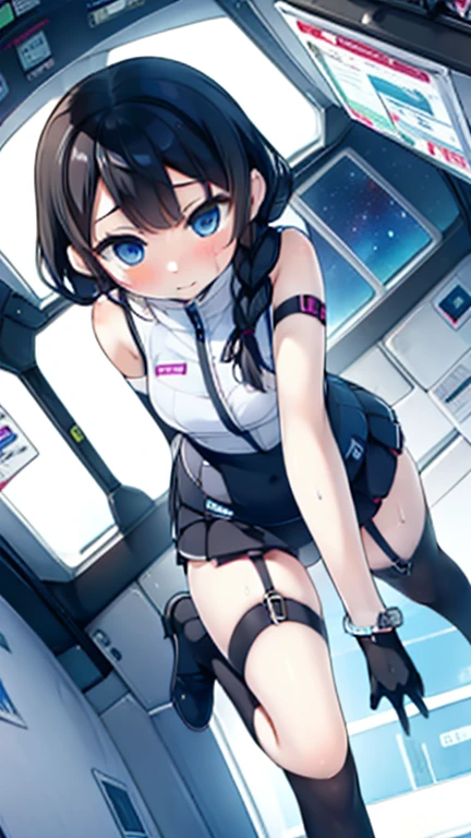 (Highest quality), (masterpiece), 1080P, High resolution, 4K, 8k, Inside the space station、Futuristic room、Thigh straps, Shooting from directly below, The woman on top of me, 白いSweat, Covered , Sweat, Woman looking down, Skirt swimsuit, Thigh-high socks, To achieve this, , , whole body, Black leather shoes, Braided hair, Inner Color, Embarrassed face, Short black hair, bracelet, Bedroom,celestial body_Vest