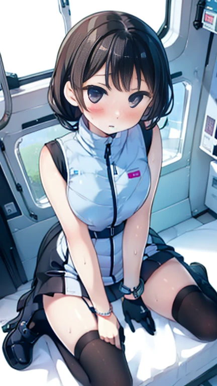 (Highest quality), (masterpiece), 1080P, High resolution, 4K, 8k, Inside the space station、Futuristic room、Thigh straps, Shooting from directly below, The woman on top of me, 白いSweat, Covered , Sweat, Woman looking down, Skirt swimsuit, Thigh-high socks, To achieve this, , , whole body, Black leather shoes, Braided hair, Inner Color, Embarrassed face, Short black hair, bracelet, Bedroom,celestial body_Vest