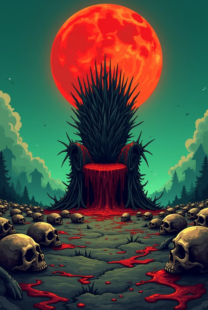 A very big land with with greenish sky and red moon and with thousands of skull on it and a bloody throne made of thorns with blood on it standing on that land, scary in landscape format animated cartoon style in dark style