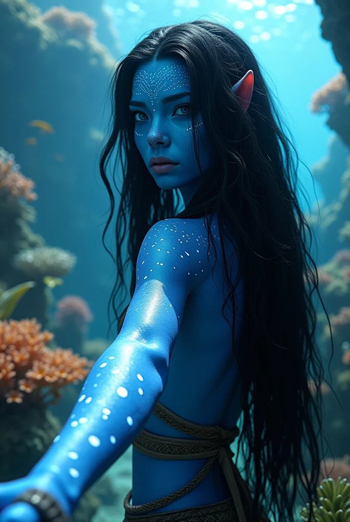 una ragazza na'vi Metkayina Omaticaya AVATAR The Way of the Water, capelli neri leggermente più lunghi delle spalle, pelle blue, occhi azzurri