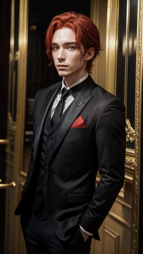 Red-haired man in a black suit with gold detail