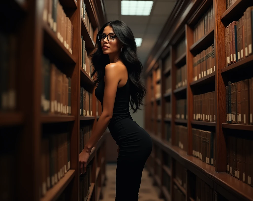 ultra realistic photography of a beautiful 48 years old woman, black hair, she wears black Christian Louboutin shoes, black pencil dress, hourglass shaped body, black prescription glasses,. The woman is choosing books in an old library, sensual photoshoot, studio photography,