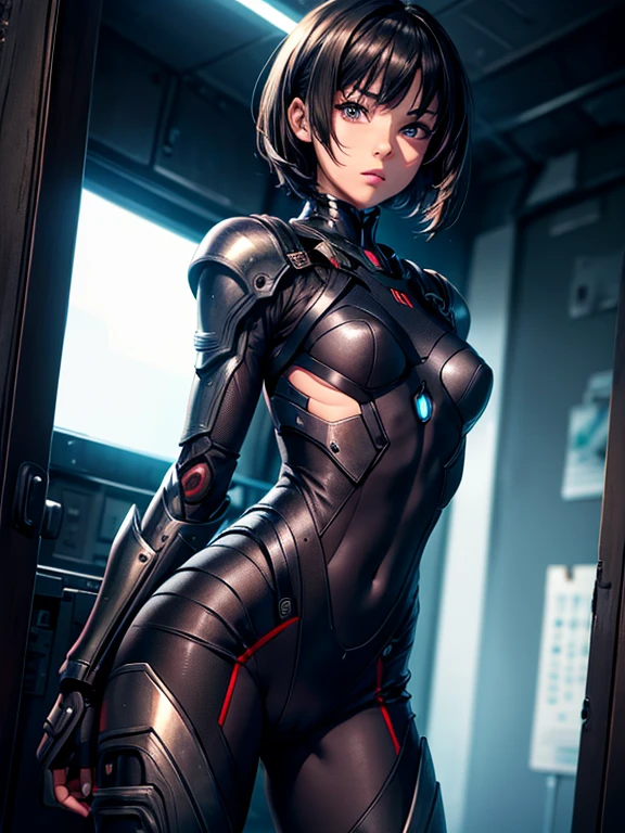 masterpiece, best quality, ultra realistic, hyper-detailed, 8k resolution, RAW photo, sharp focus, (1girl), solo, gorgeous face, slim body, Firm chest, teen female, , portrait, mecha, dark grey armor, nanosuit, sexy, short hair, cinematic, butt, Buttocks, cameltoe, cute bum, cinematic light, dark theme