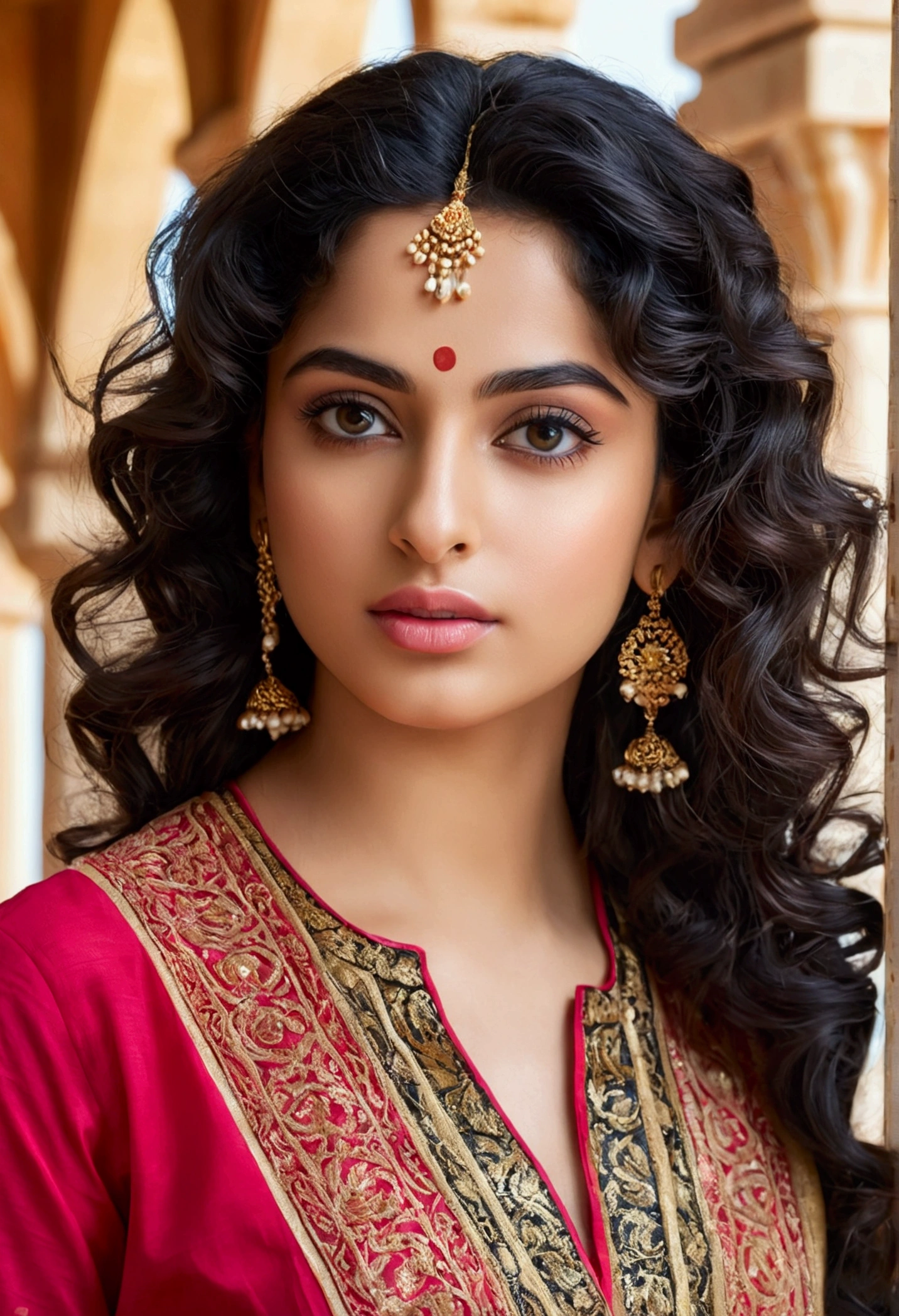ultra-realistic photographs,Indian Instagram female model,mid 18s,9:16,mid-shot,beautiful detailed eyes,detailed lips,longeyelashes,black curly hair,naturally full eyebrows,perfectly formed nose,expressive face,attractive appearance,confident and elegant posture,graceful movement,vibrant and colorful salwar kameez,rich and intricate embroidery,temple background,serene and spiritual atmosphere,stunning architecture,divine sculptures,soft and natural lighting,vivid colors,photorealistic,HDR,highres,studio lighting,ultra-detailed,bokeh. Very sweet 