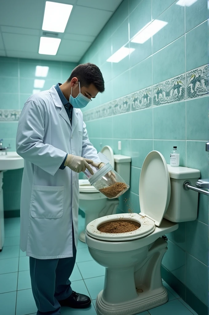 Person collecting feces from the toilet into a collection jar for analysis