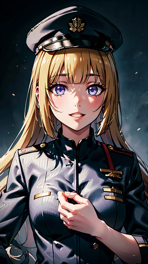 (masterpiece, best quality, absurdres), high quality, highres, ultra detailed, intricate, cinematic lighting, wallpaper, soft lighting, full shot, looking at viewer, parted lips, 1 girl, kei Karuizawa, blonde hair, bangs, long ponytail , detailed violet eyes, ((Super Realistic Detailed Eyes, glowing eyes)), black military uniform, military uniform, black military hat, black hat, one hand holding a hat, military coat, military achievement, smile, large smile 