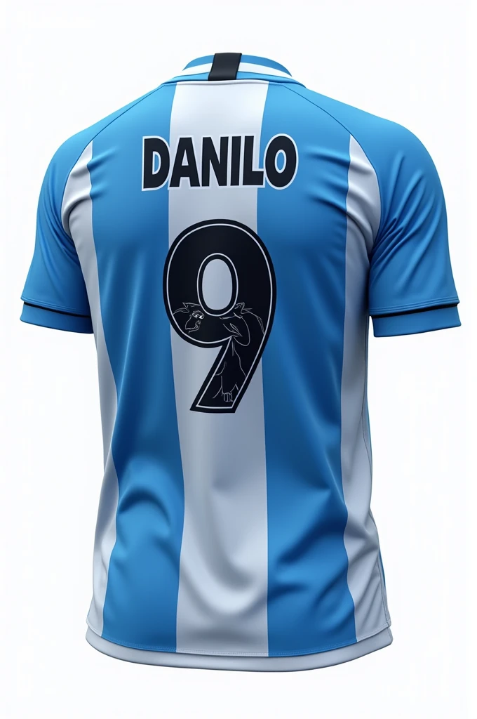Make a blue and white football jersey with a wolf on the front and the number 9 and Danilo written on the back with a white background on the back, just the shirt