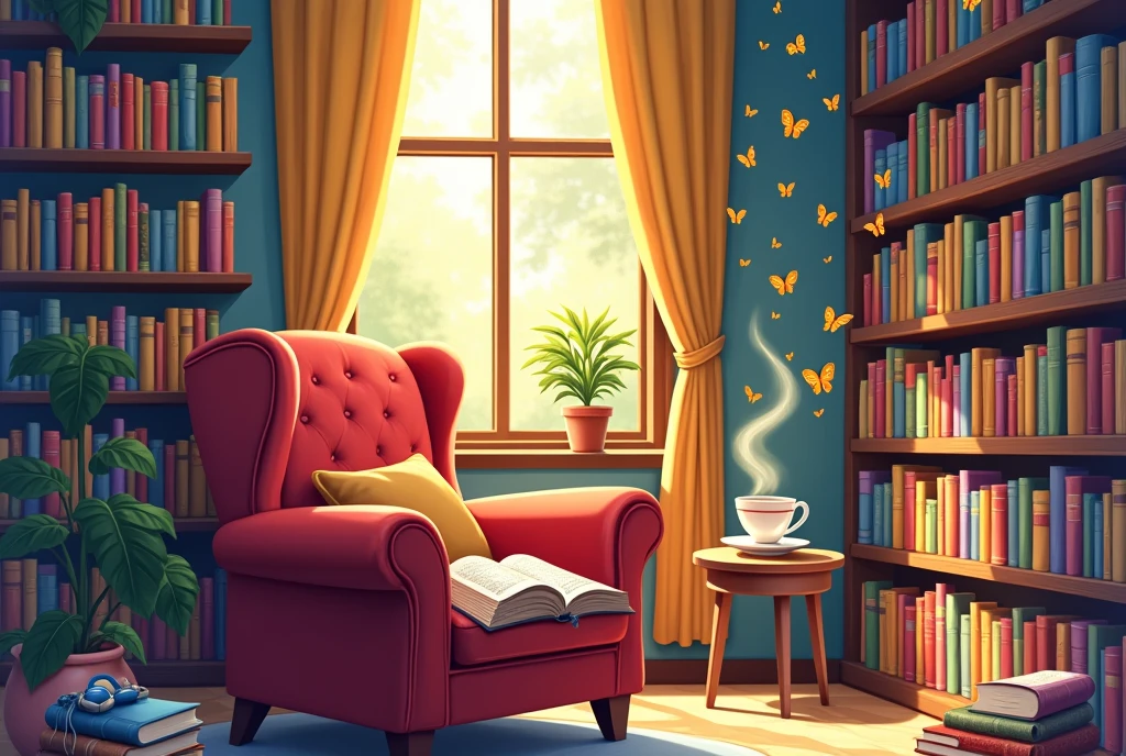 Create a vibrant and inviting illustration titled 'Books & Audiobooks'. The scene should depict a cozy reading nook filled with colorful bookshelves overflowing with various genres of books. Include a comfortable armchair with a steaming cup of tea on a side table, and a pair of headphones resting on the armchair. In the background, show a window with soft sunlight streaming in, illuminating the space. Add a whimsical touch by incorporating floating musical notes and book pages to represent the joy of audiobooks. The overall atmosphere should evoke a sense of warmth, relaxation, and the magic of storytelling." Feel free to adjust any elements to better fit your vision!